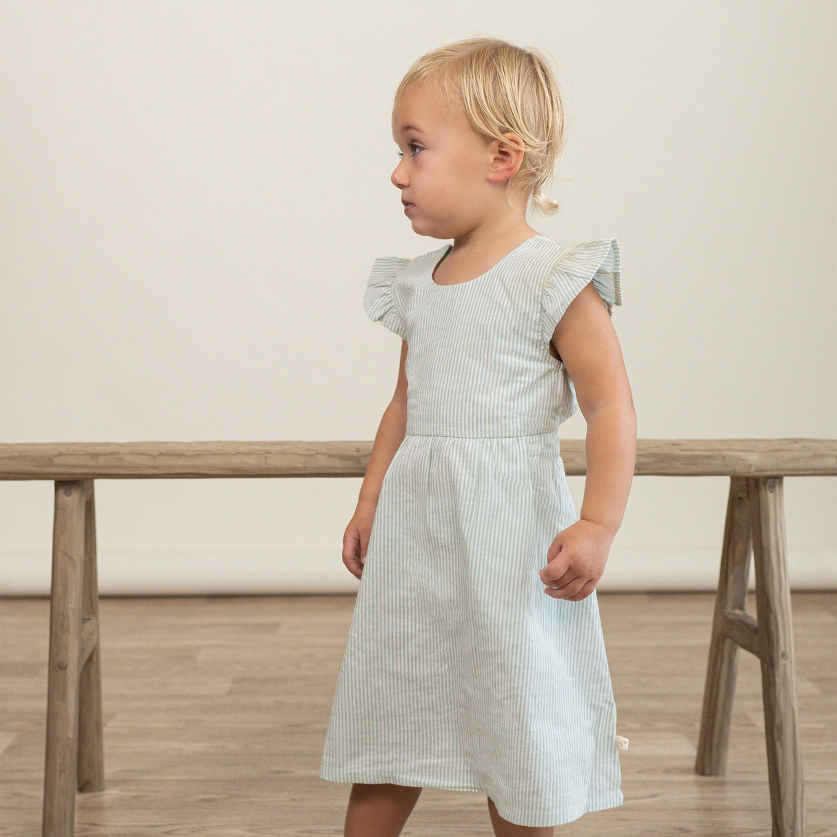 Organic Flutter Summer Dress - Green Stripes - HoneyBug