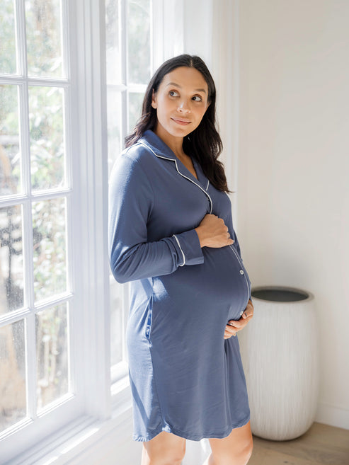 Clea Bamboo Classic Long Sleeve Sleep Shirt | Slate Blue - HoneyBug