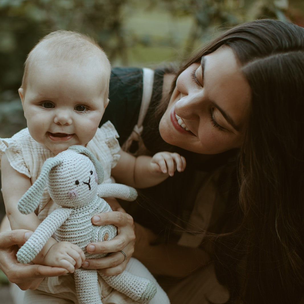 Plush Baby Bunny Rattle - Teal Spot - HoneyBug