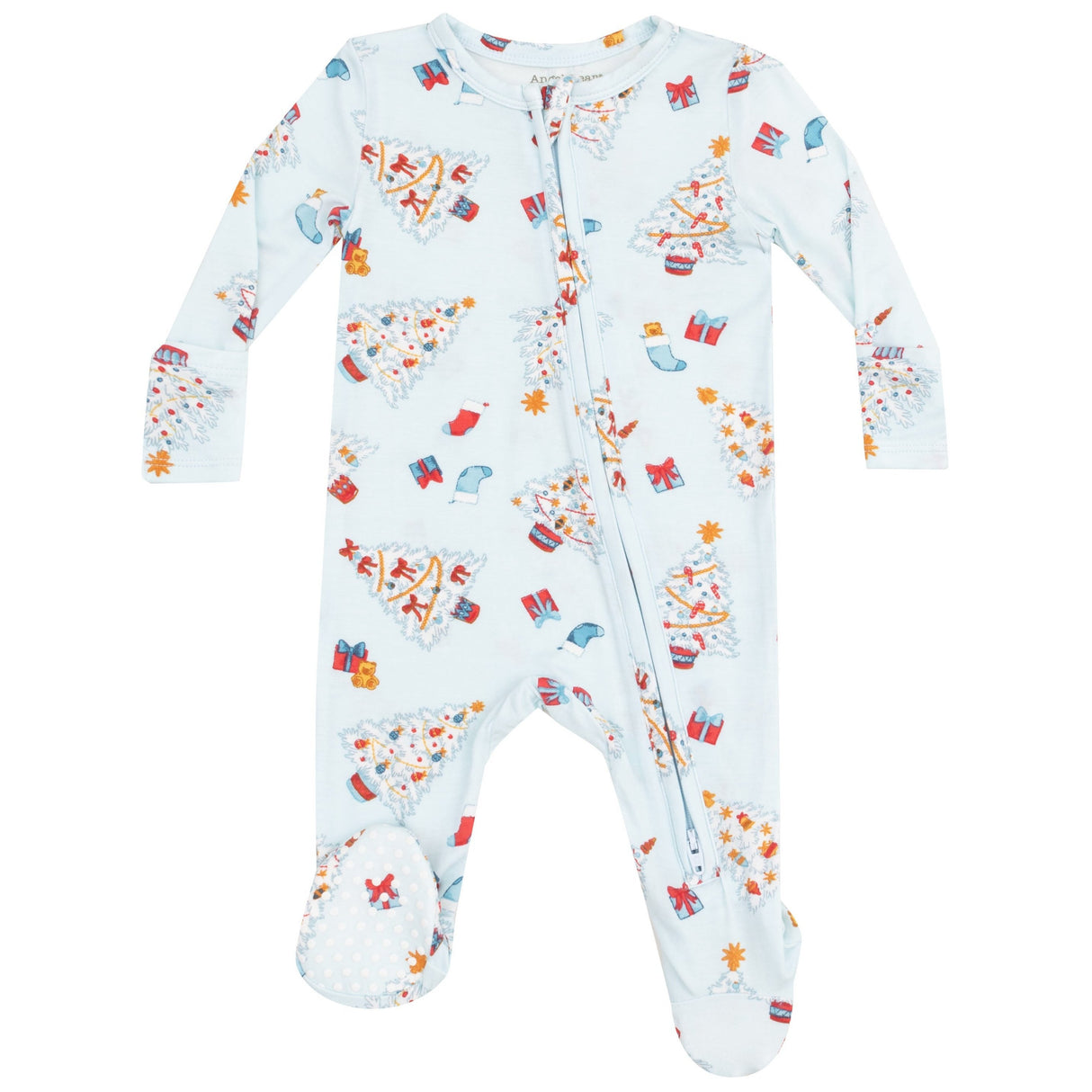 2 Way Zipper Footie - Vintage Christmas Trees Blue - HoneyBug