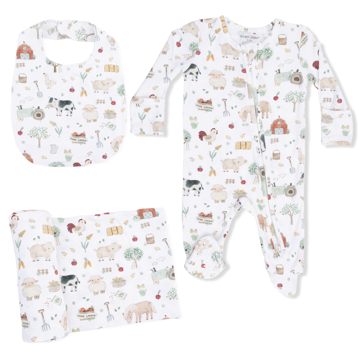 Cute Farm Animals Uni - 2 Way Zipper Footie, Swaddle & Bandana Bib Set