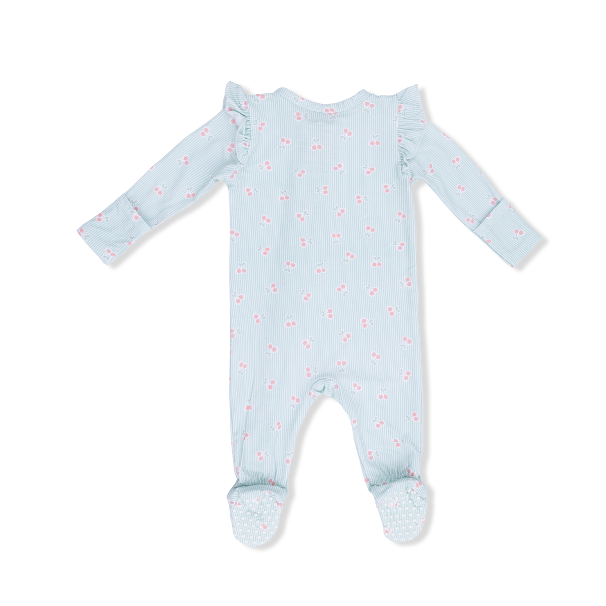 Tiny Cherry Stripe - 2 Way Ruffle Sleeve Zipper Footie