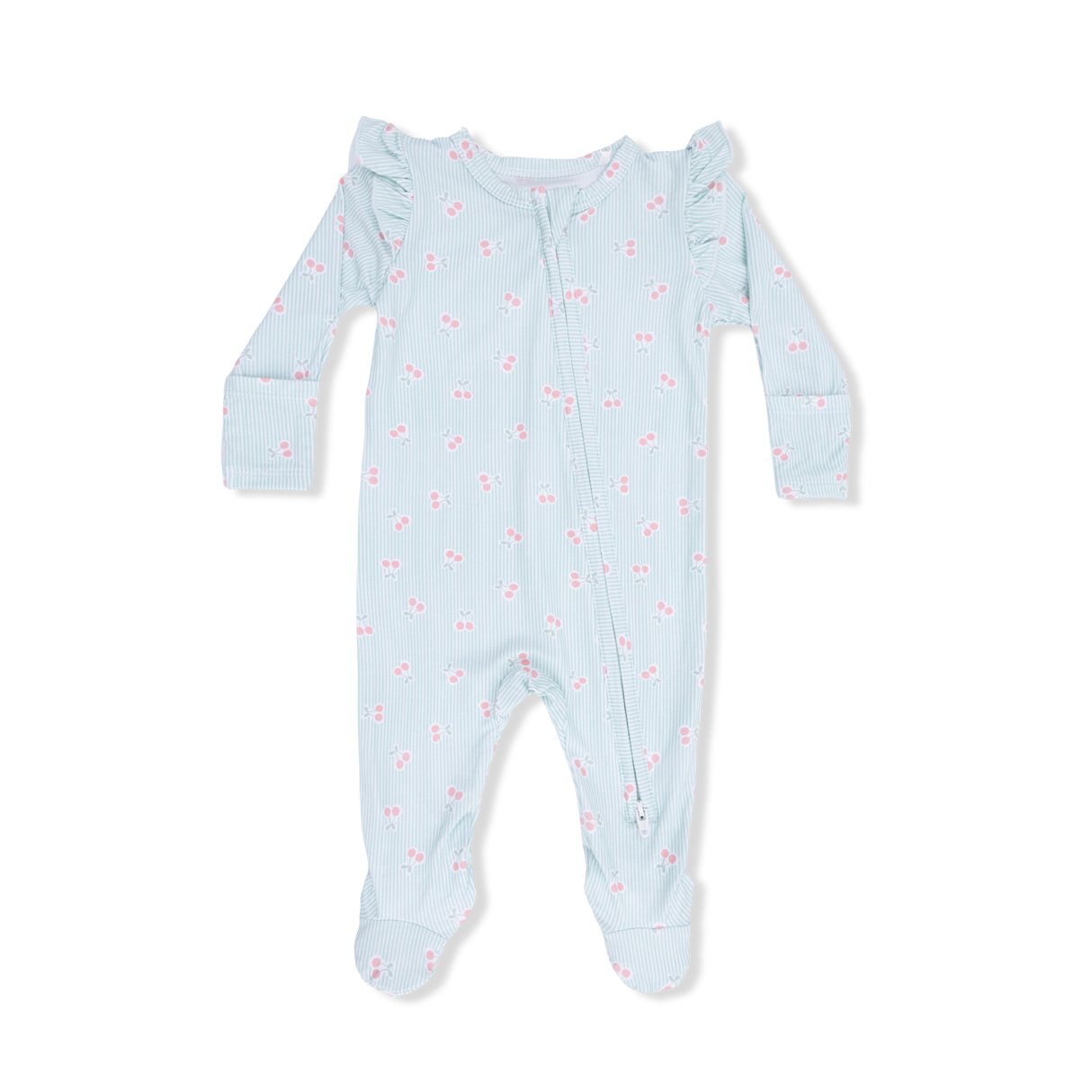 Tiny Cherry Stripe - 2 Way Ruffle Sleeve Zipper Footie