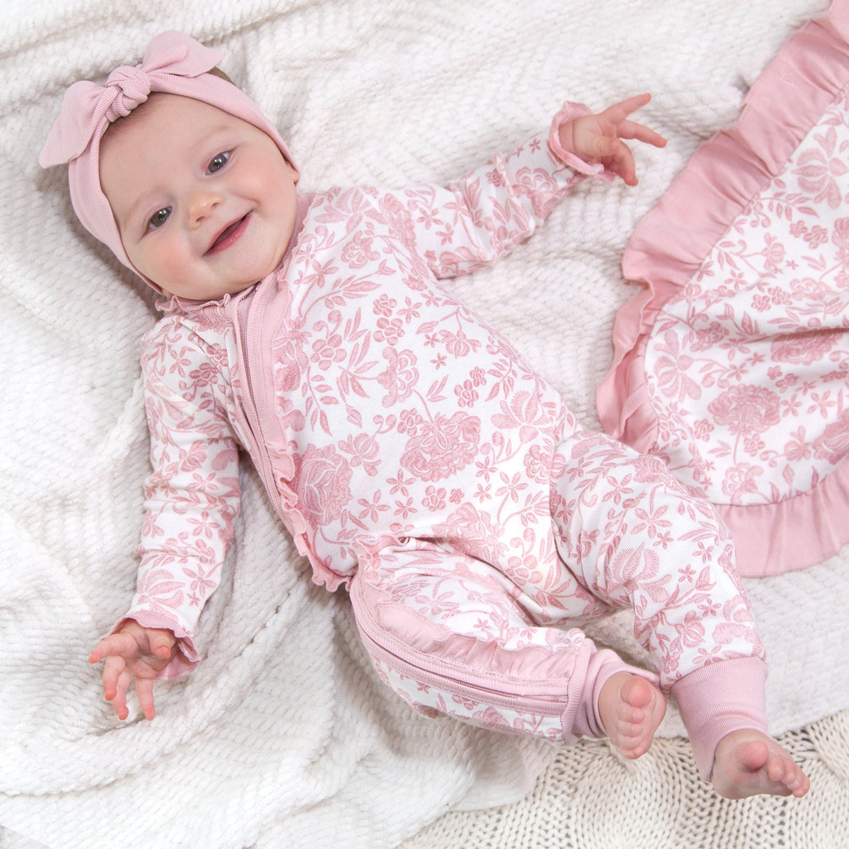 Baby Girl Pink Embroidered Lace Zipper Romper - HoneyBug