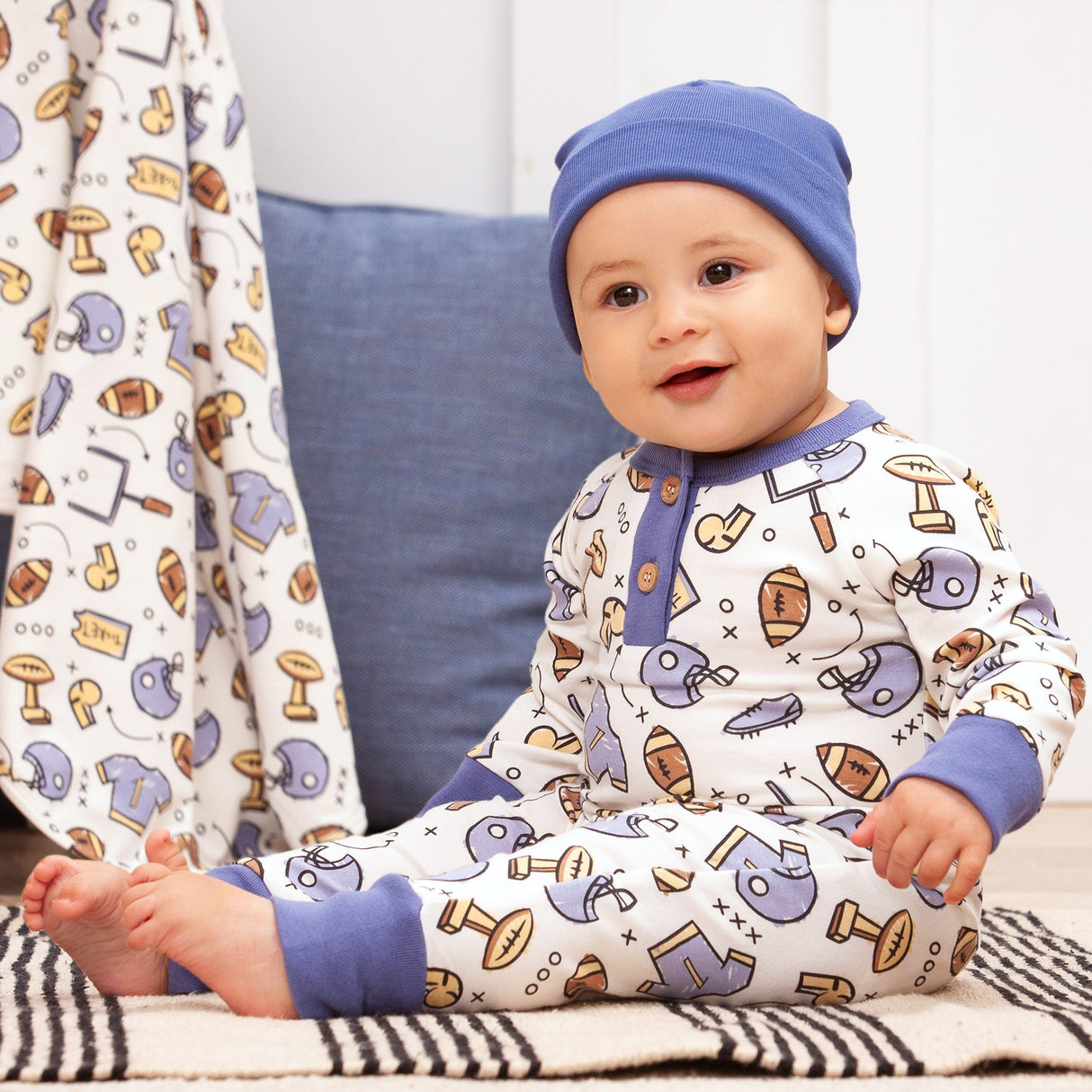 Touchdown Baby Boy Bamboo Henley Football Romper - HoneyBug