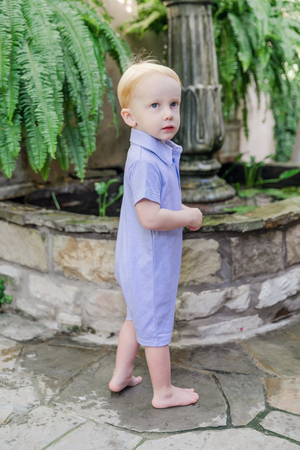 Tripp Boys' Pima Cotton Polo Shortall - Blue Stripes - HoneyBug