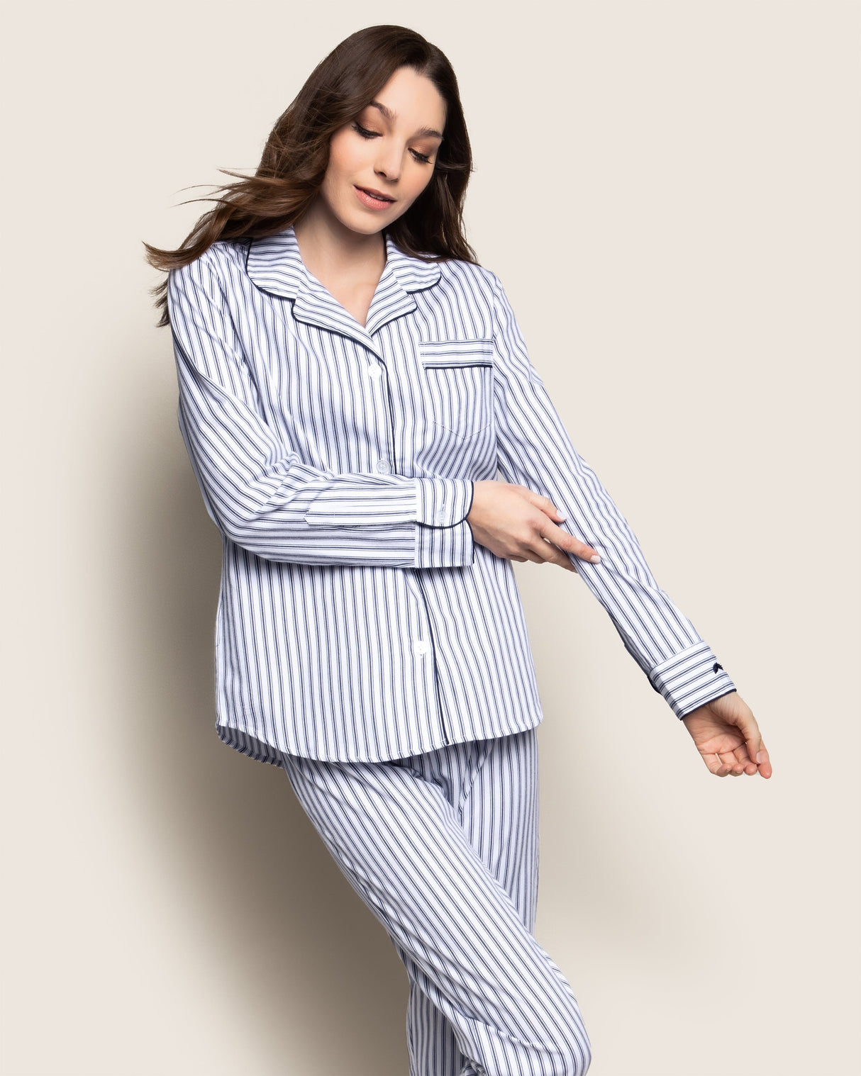 Women's Twill Pajama Set in Navy French Ticking - HoneyBug