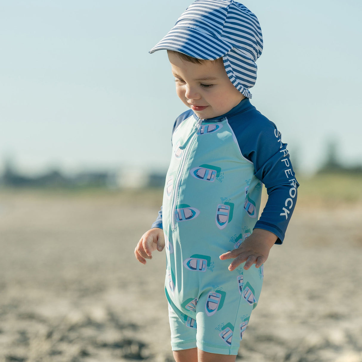 Denim Stripe Floating Flap Hat - HoneyBug
