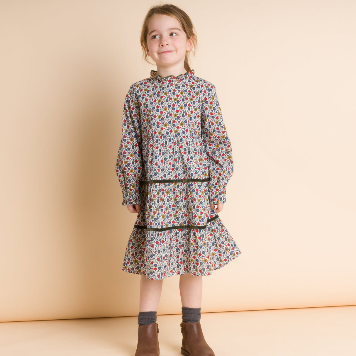 Girls' Long Sleeves Tiered Skirt Dress with Velvet Trim | Blue and Mustard - HoneyBug