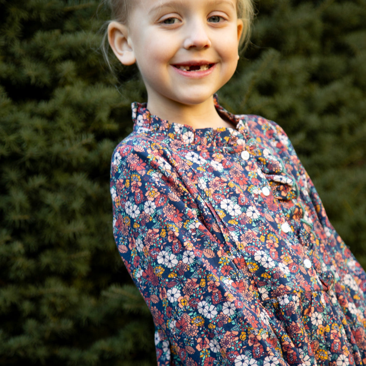Girls Long Sleeves Dress with Front Ruffle | Garden Confetti - HoneyBug