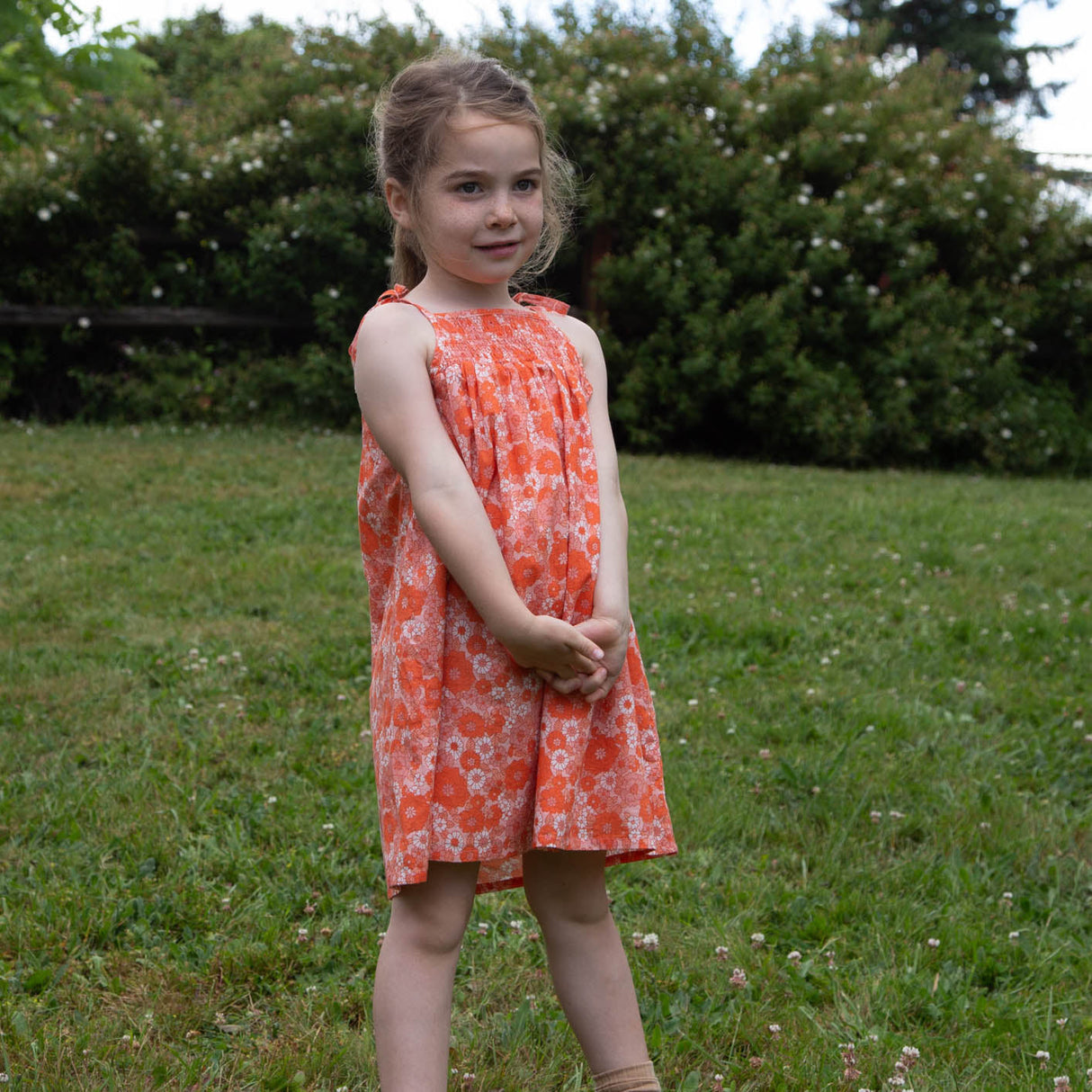 Girls' Shoulder-Tie Smocked Dress | Orange Meadow - HoneyBug