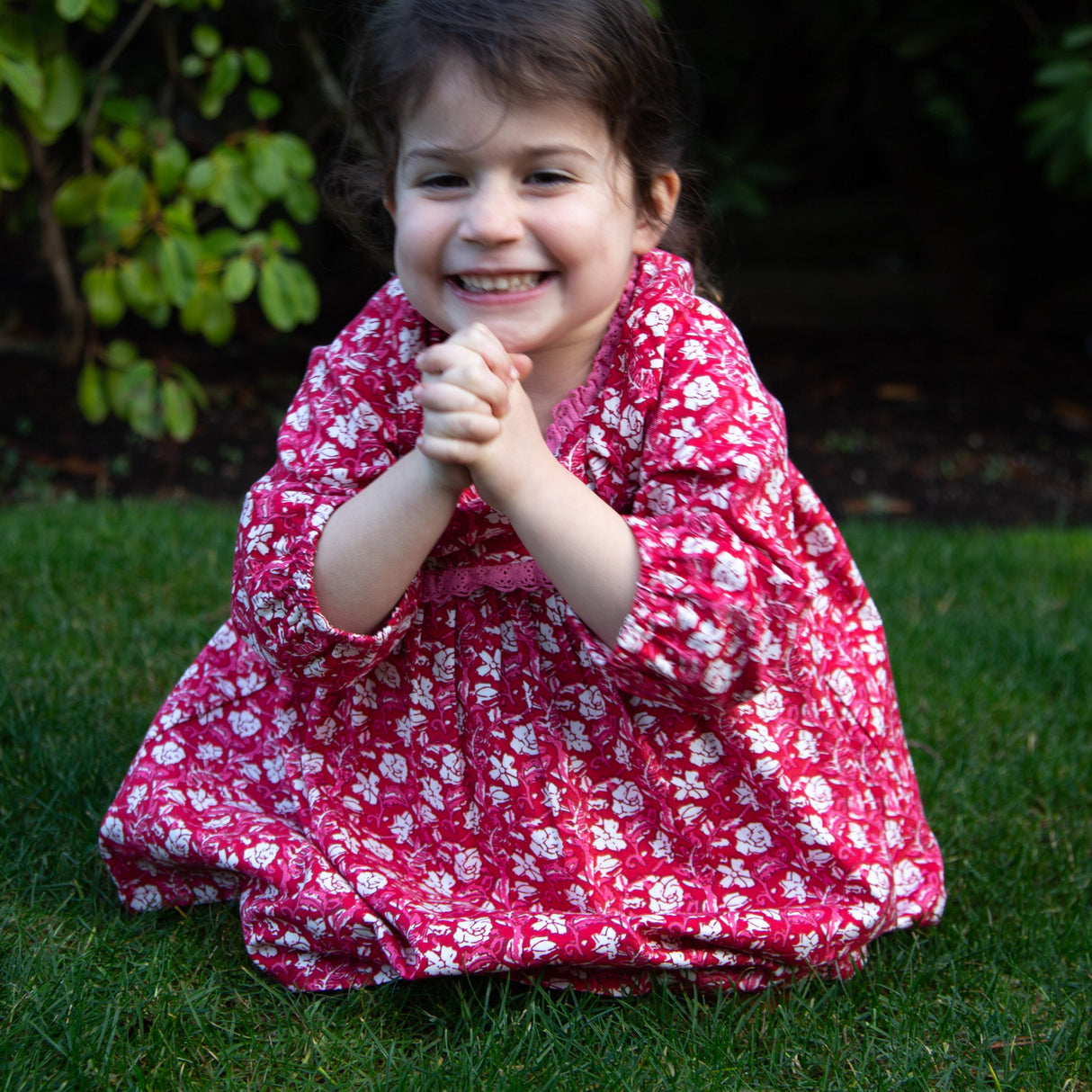 Toddler Long Sleeves Dress with Lace Trim | Red and White Floral - HoneyBug