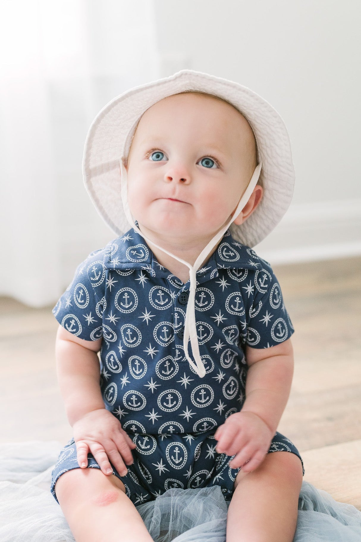 Collared Romper - Nautical Dreams on Indigo - HoneyBug