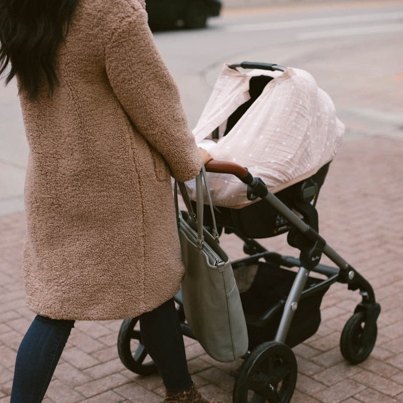 Cotton Muslin Car Seat Canopy - Taupe Cross - HoneyBug
