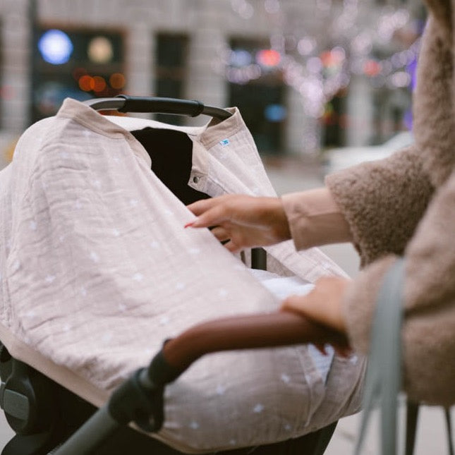 Cotton Muslin Car Seat Canopy - Taupe Cross - HoneyBug