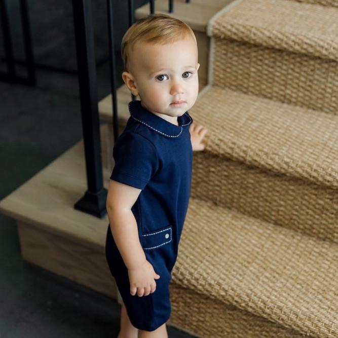 Henry Boys' Pima Cotton Shortall - Navy with White Stitch - HoneyBug