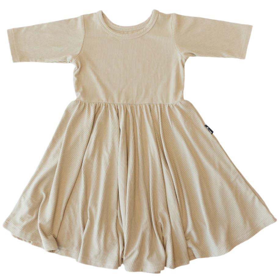 MID SLEEVE TWIRL DRESS- Mushroom Ribbed - HoneyBug