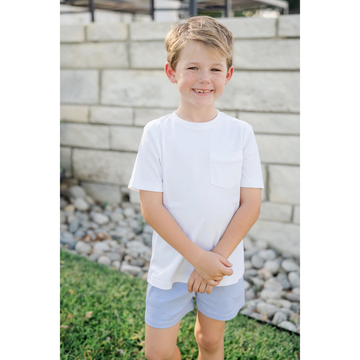 Sawyer Boys' Pima Cotton Play Shorts - Blue and White Stripe - HoneyBug