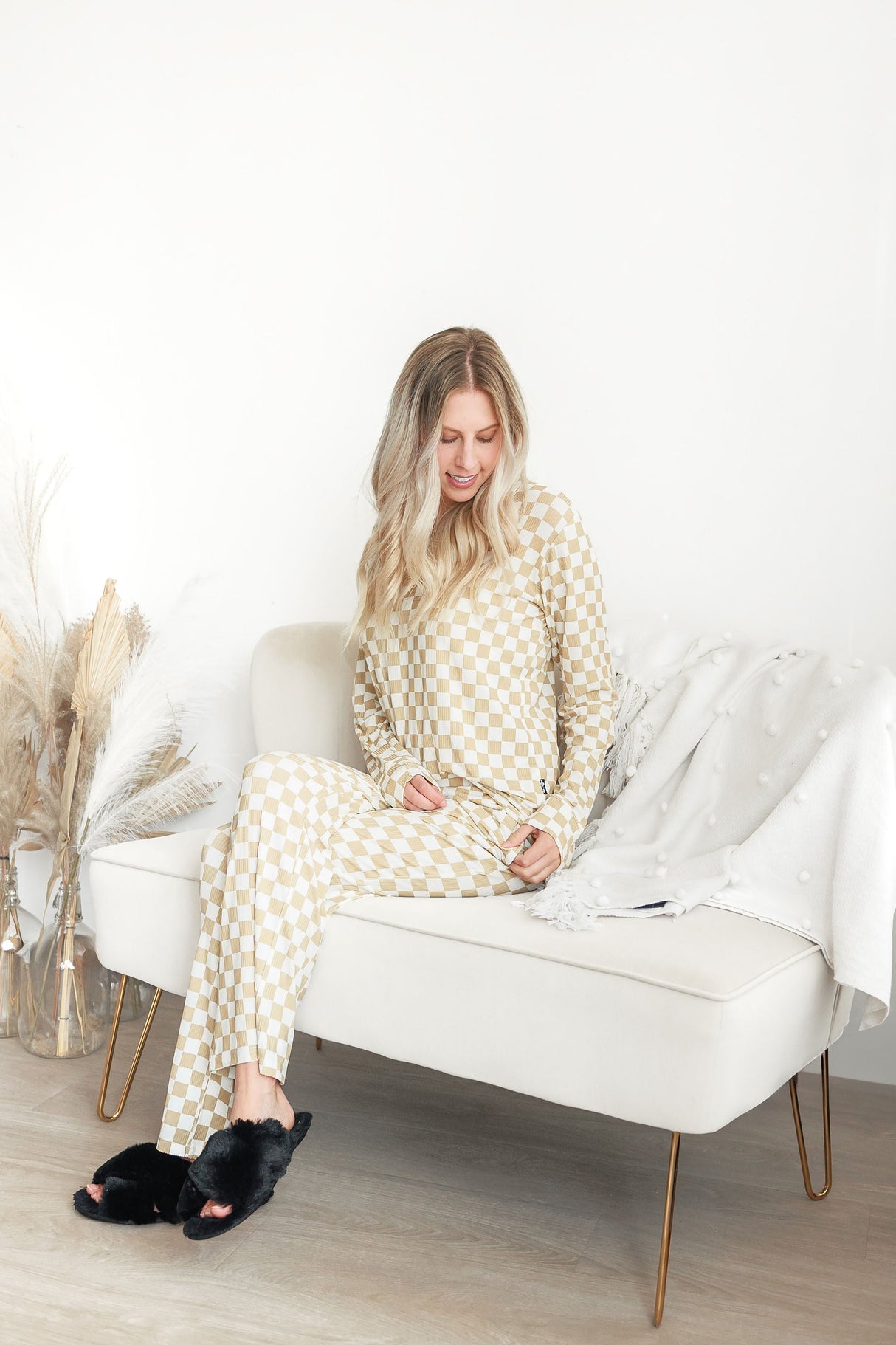 WOMEN'S PAJAMA SET- Tan Check Ribbed - HoneyBug