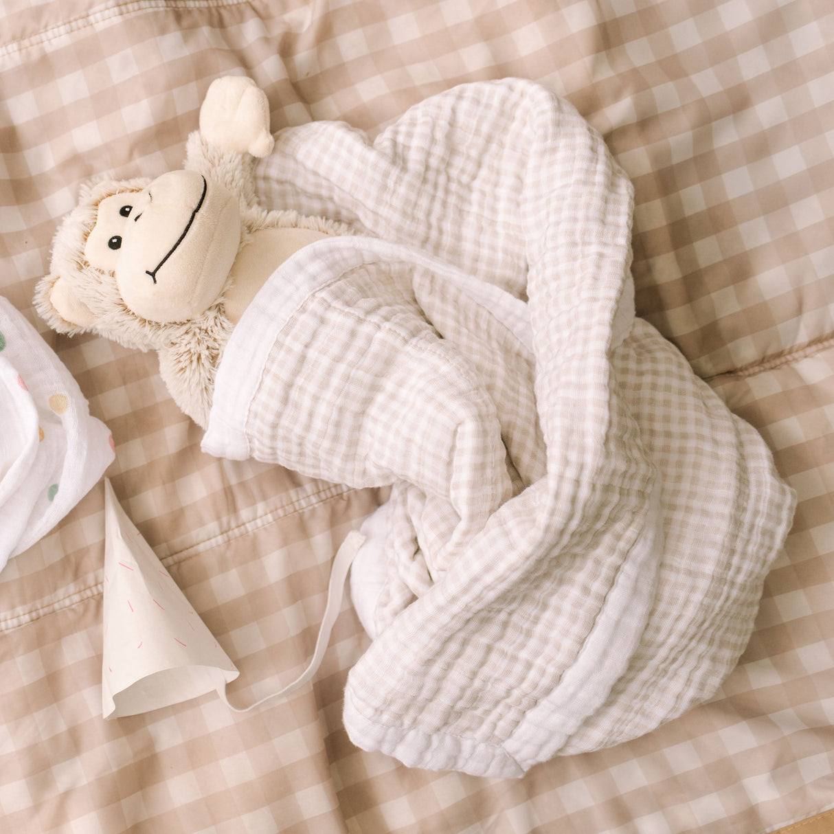 Cotton Muslin Baby Quilt - Tan Gingham - HoneyBug