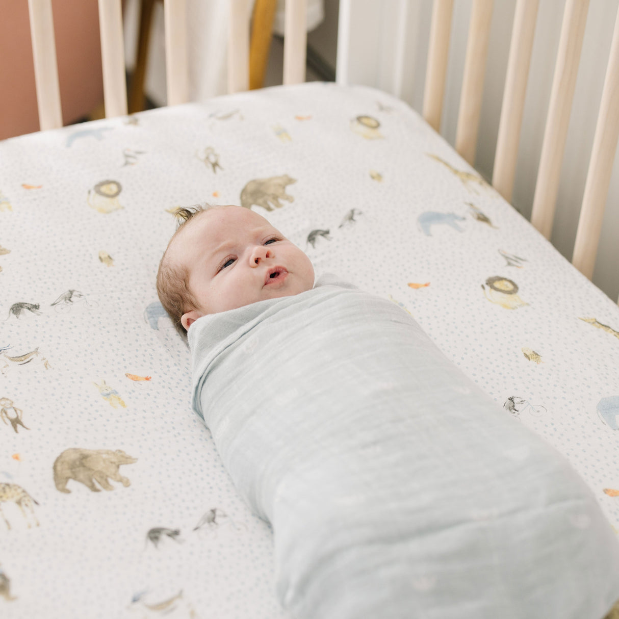 Cotton Muslin Swaddle Blanket - Blue Rainbow - HoneyBug