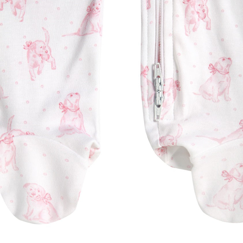 Pink Puppy Love Print Zipper Footie