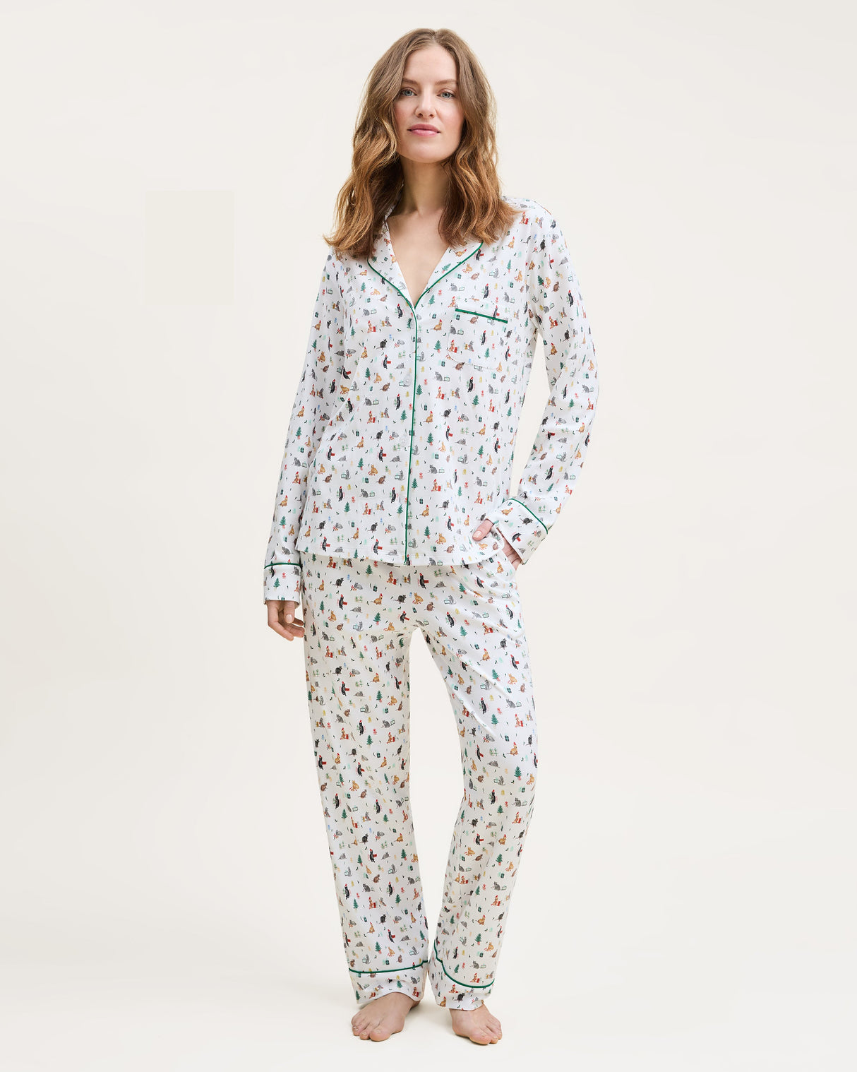 Women's Pima Pajama Set in Merry Meow - HoneyBug