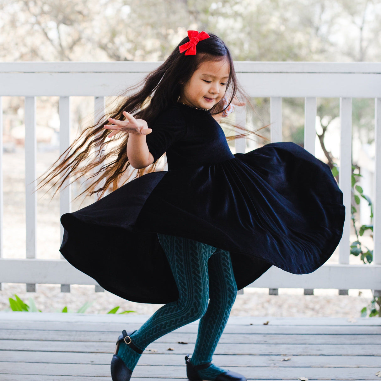 VELVET MID SLEEVE TWIRL- Onyx Stretch Velvet Twirl Dress - HoneyBug