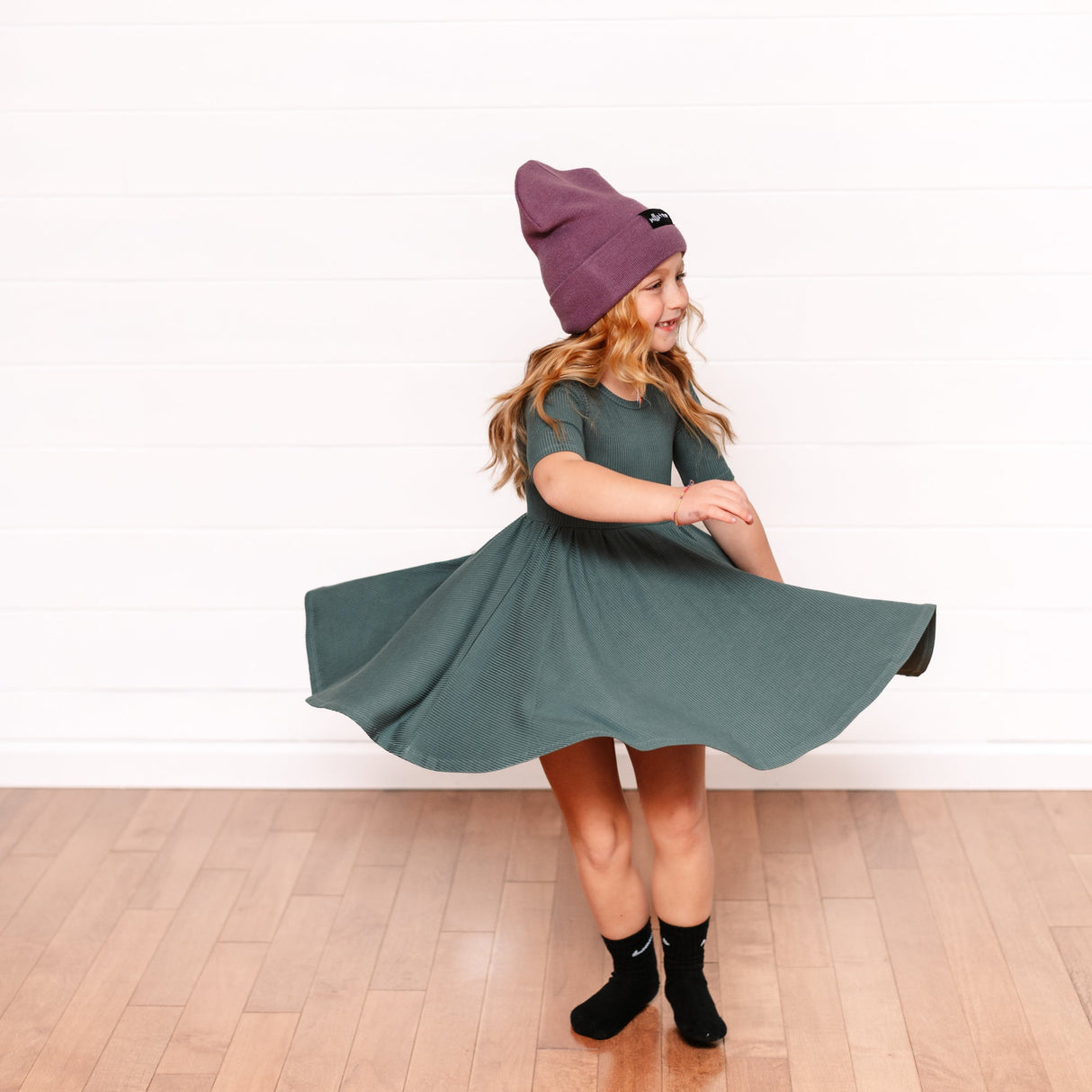 MID SLEEVE TWIRL DRESS- Slate Ribbed - HoneyBug