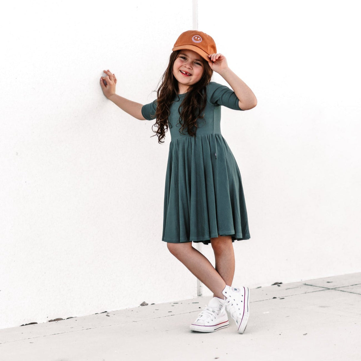 MID SLEEVE TWIRL DRESS- Slate Ribbed - HoneyBug