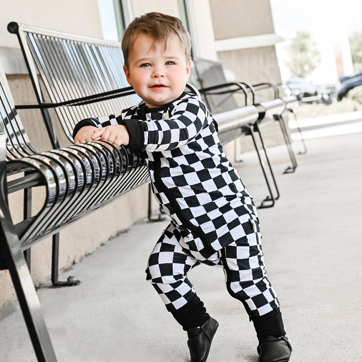 Zip Romper - B+W Checkered - HoneyBug