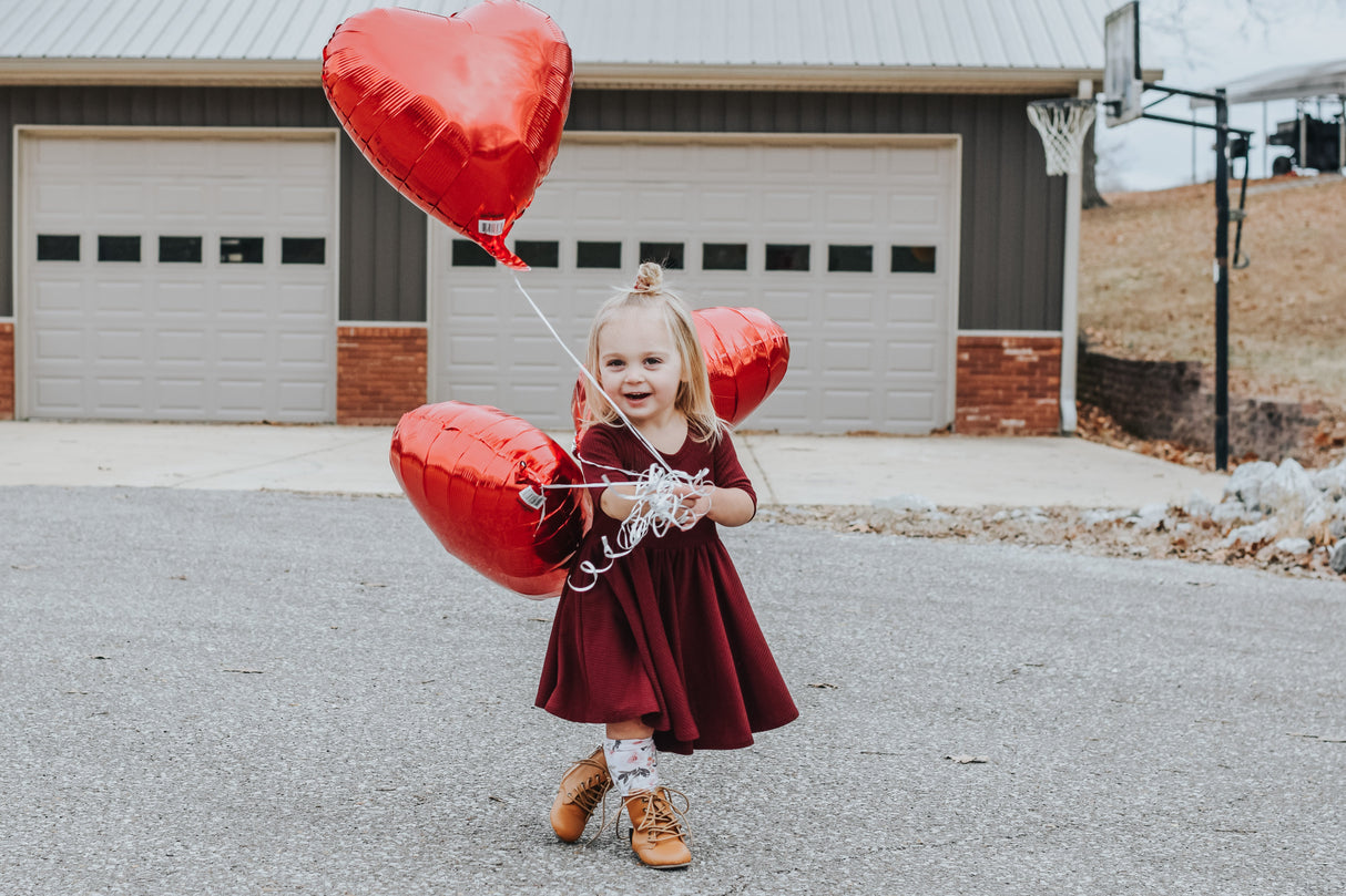 MID SLEEVE TWIRL DRESS- Black Cherry Ribbed - HoneyBug
