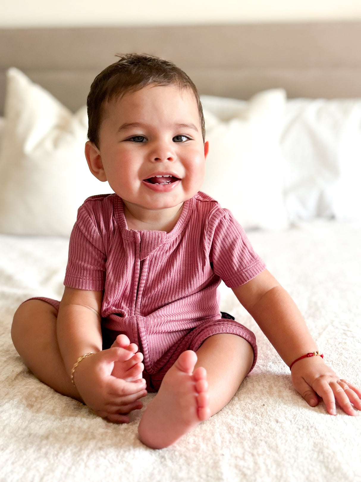 SHORTIE ZIP ROMPER - Mauve Ribbed - HoneyBug