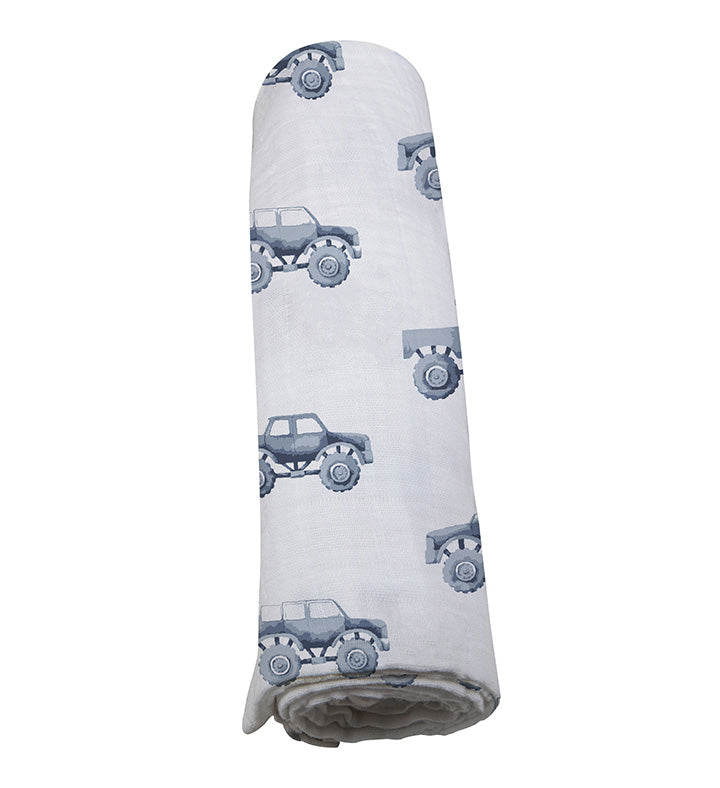 Indigo Monster Trucks Cotton Swaddle - HoneyBug