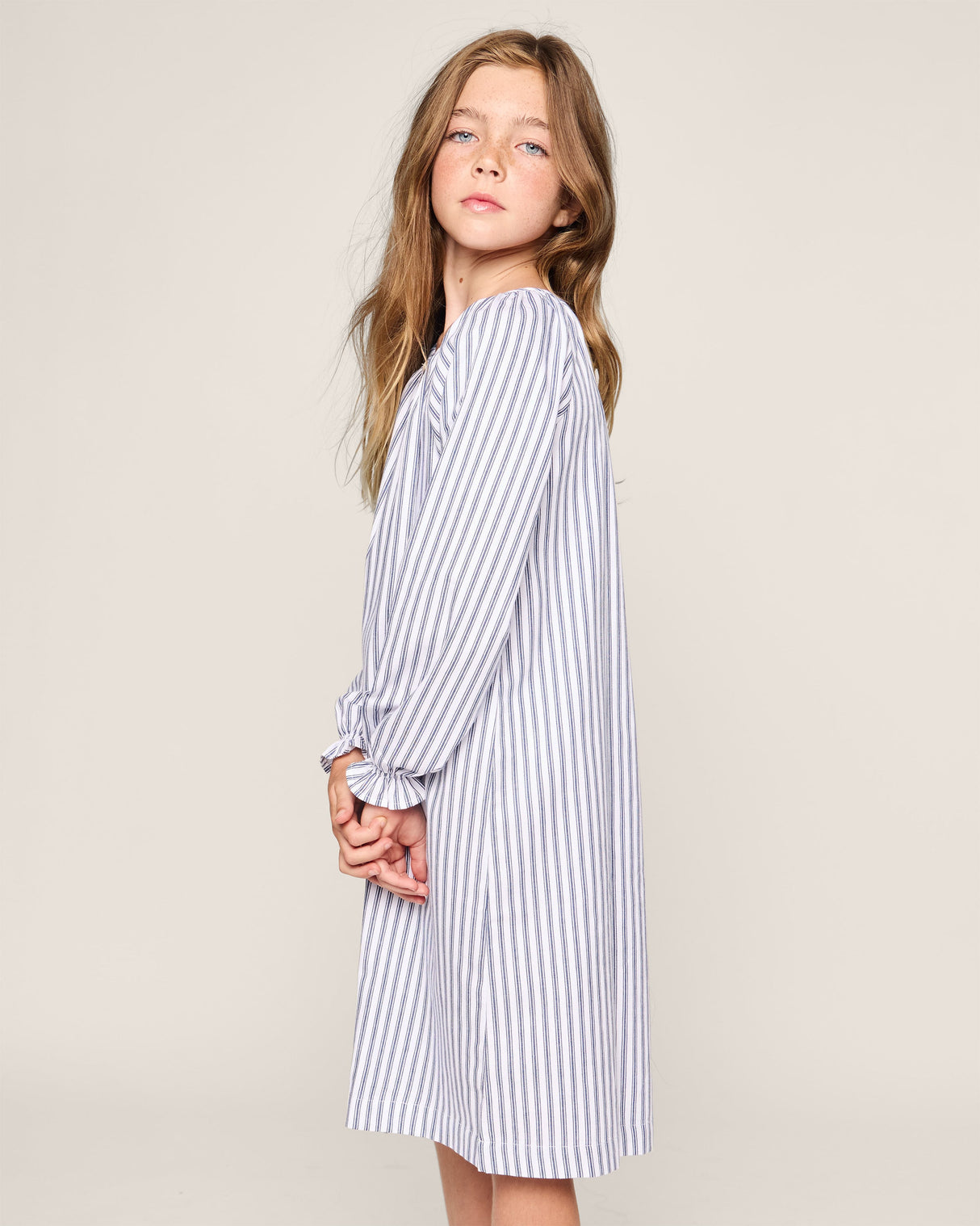 Girl's Twill Delphine Nightgown in Navy French Ticking - HoneyBug