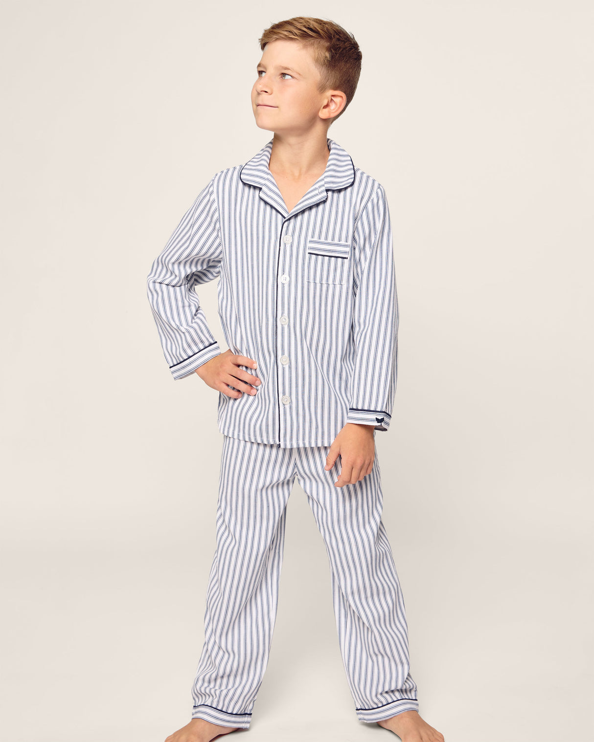Kid's Twill Pajama Set in Navy French Ticking - HoneyBug
