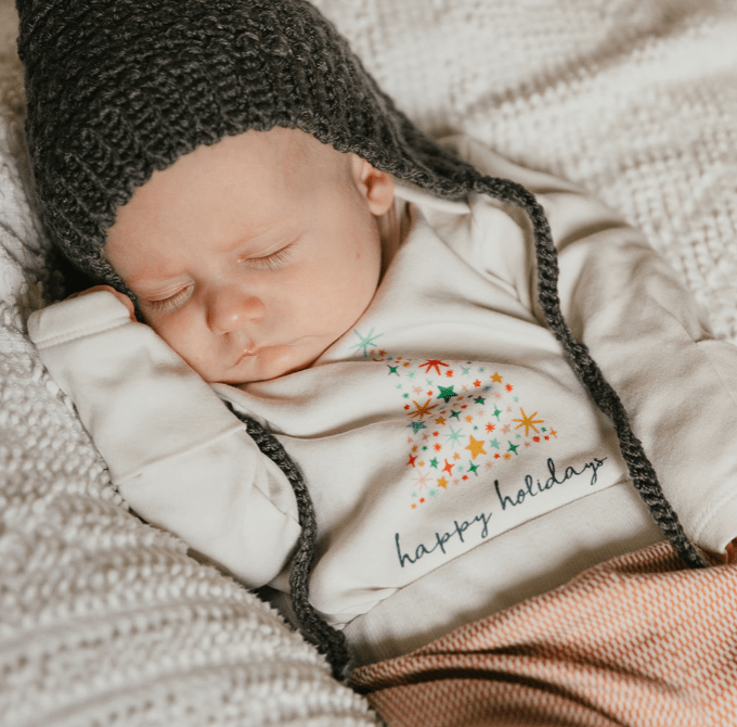 long sleeve graphic bodysuit | happy holidays tree - HoneyBug