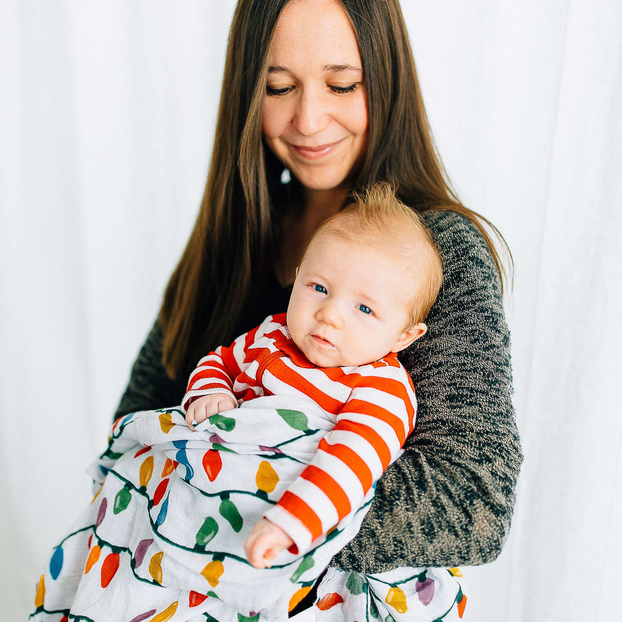 Cotton Muslin Swaddle Blanket - Christmas Bulbs - HoneyBug