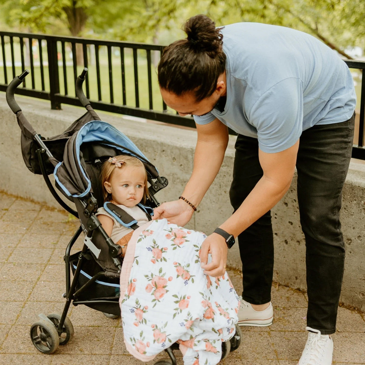 Cotton Muslin Baby Quilt - Watercolor Roses - HoneyBug