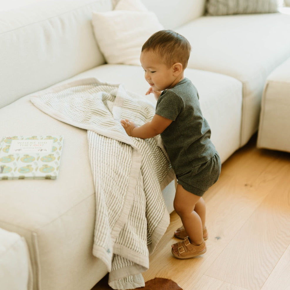 Cotton Muslin Baby Quilt - Grey Stripe - HoneyBug