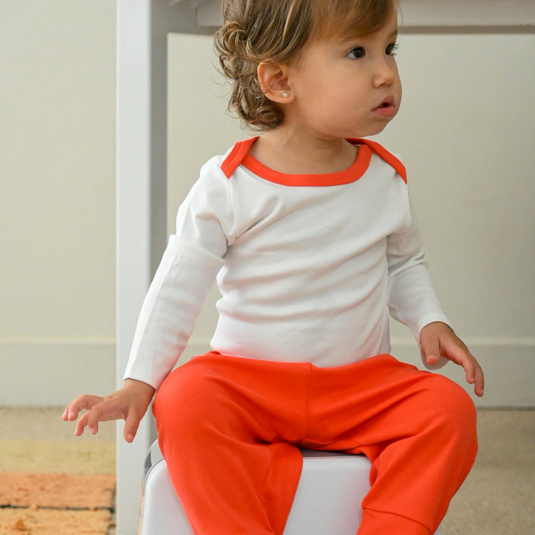 100% Peruvian Pima Cotton White with Engine Red Long Sleeve Snap Bodysuit - HoneyBug