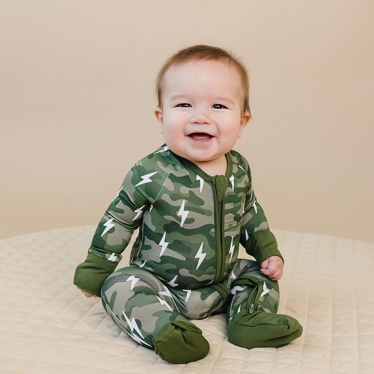 Bamboo Zip Romper | Green Camo Bolts