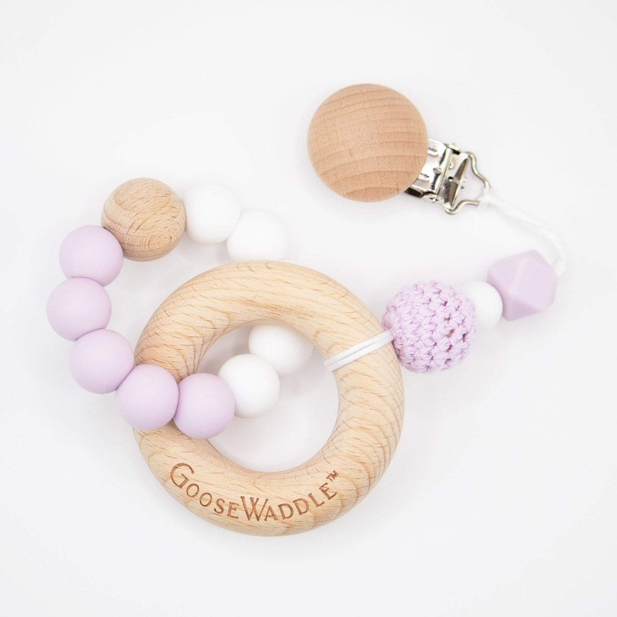 Lavender Attachable Wooden and Silicone Teether and Flower Bib Gift Set - HoneyBug