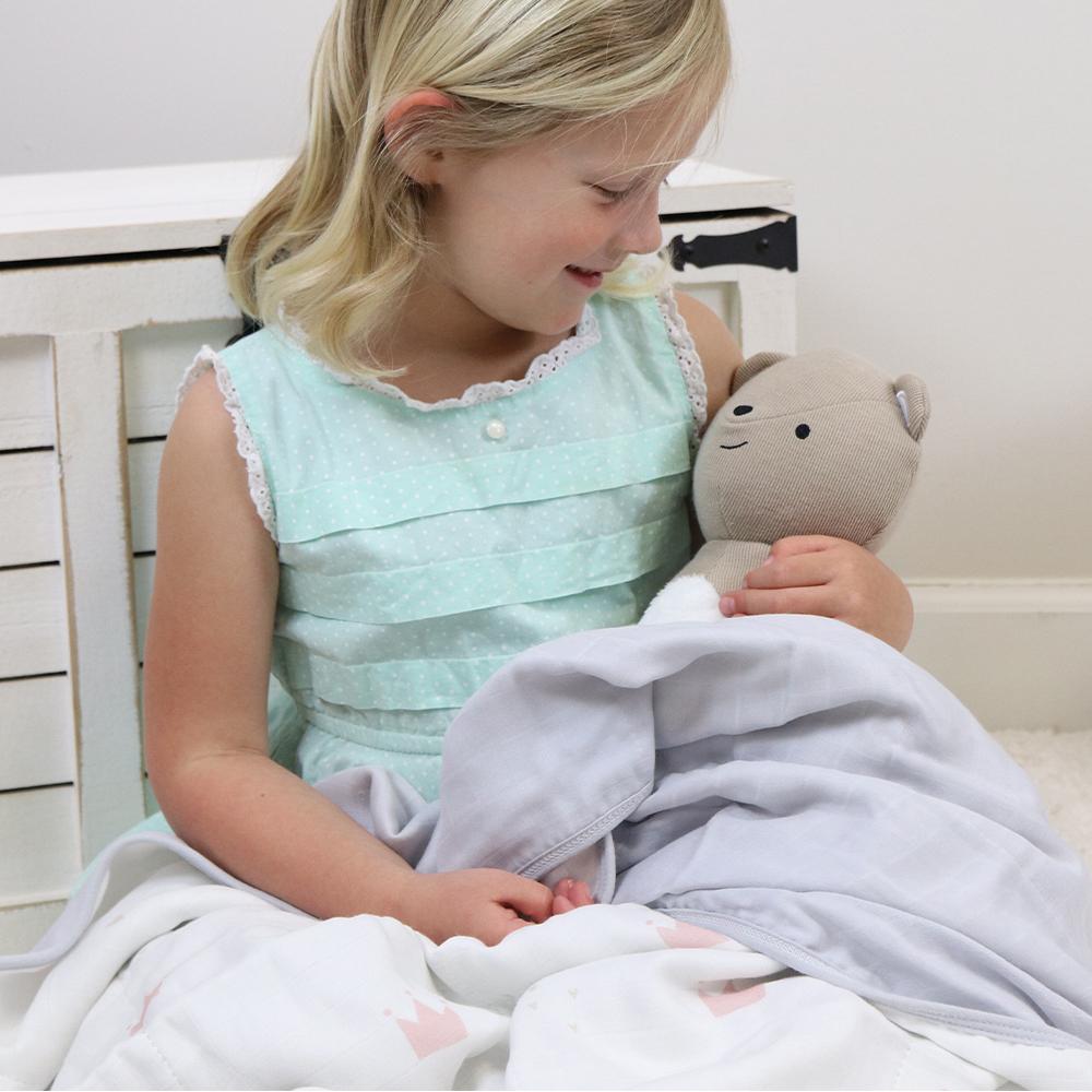 Pink Crown and Gray Oversized Bamboo Muslin Quilted Blanket - HoneyBug