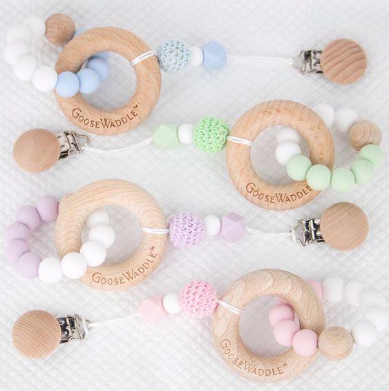 Attachable Wooden & Silicone Teether with Clasp (4 Colors) - HoneyBug