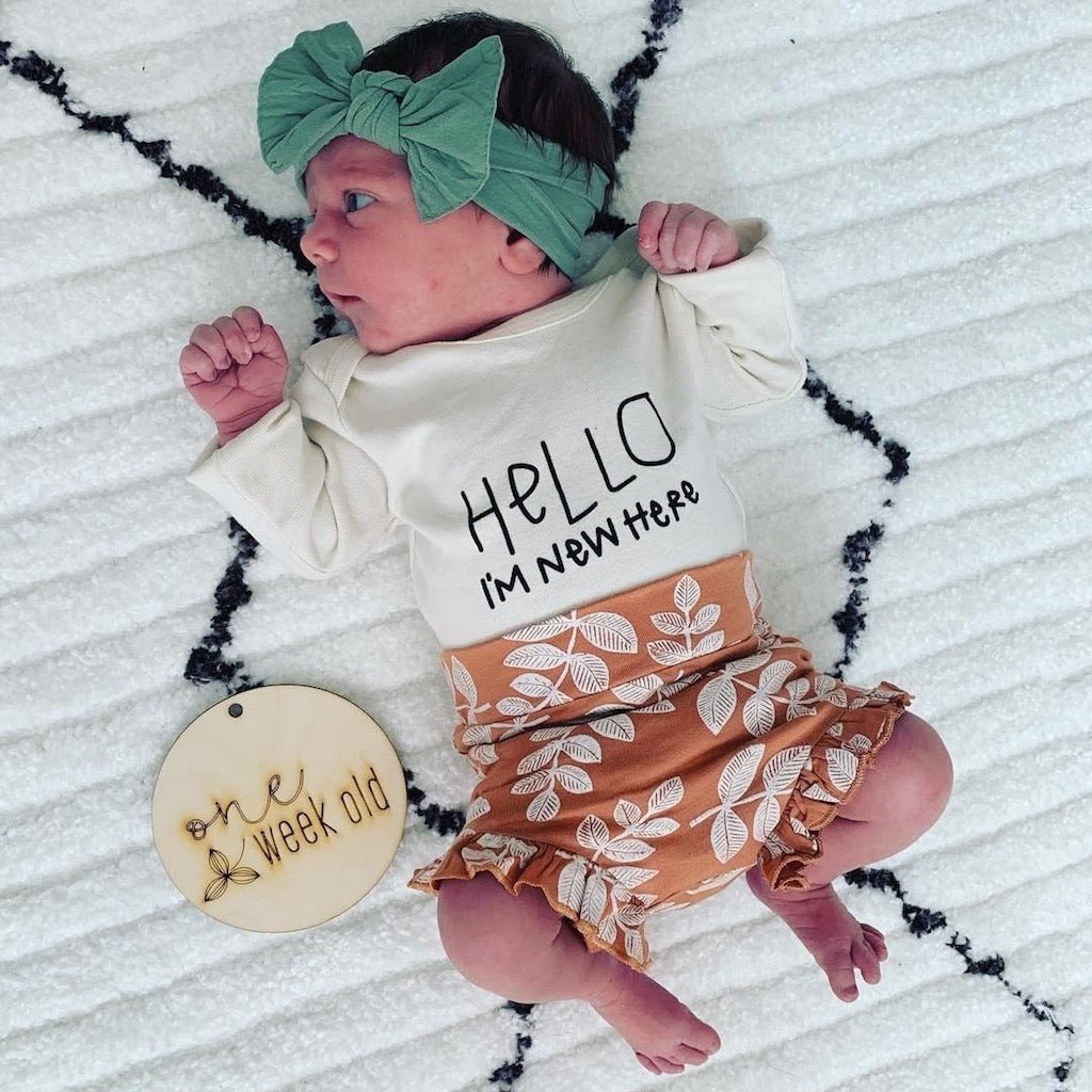 Hello I'm New Here Organic Cotton Baby Bodysuit Long Sleeve - HoneyBug