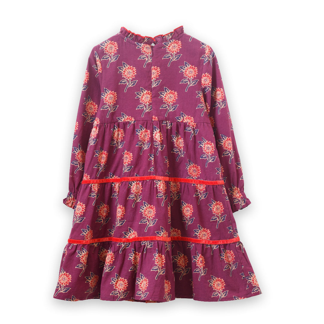 Girls' Long Sleeves Tiered Skirt Dress with Velvet Trim | Purple and Red - HoneyBug
