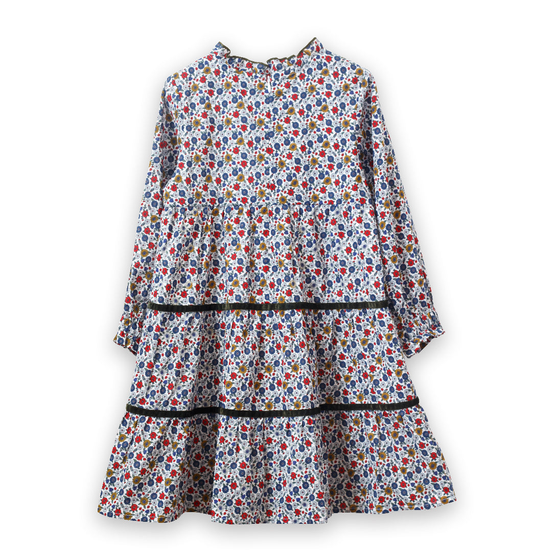 Girls' Long Sleeves Tiered Skirt Dress with Velvet Trim | Blue and Mustard - HoneyBug