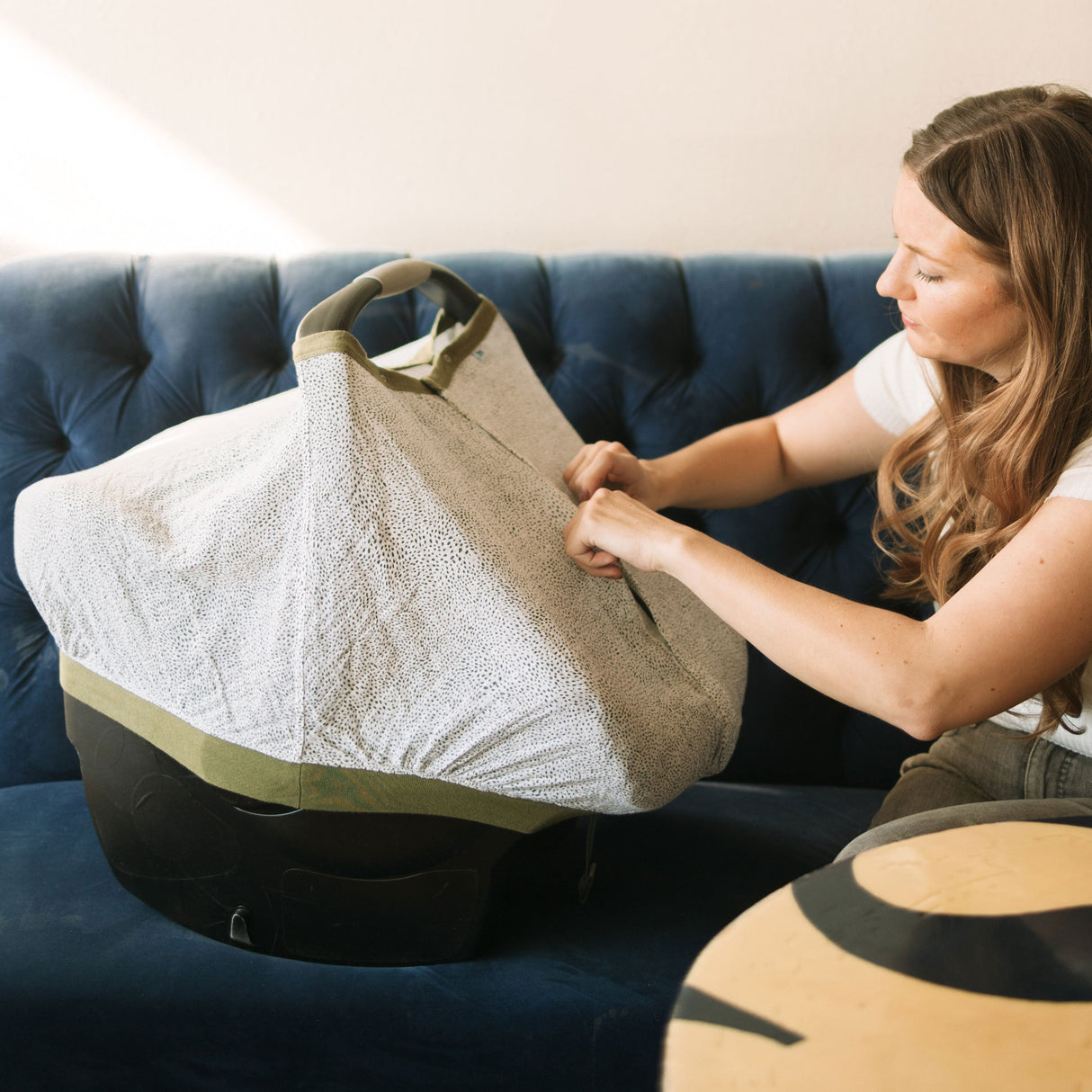 Cotton Muslin Car Seat Canopy - Green Seed - HoneyBug