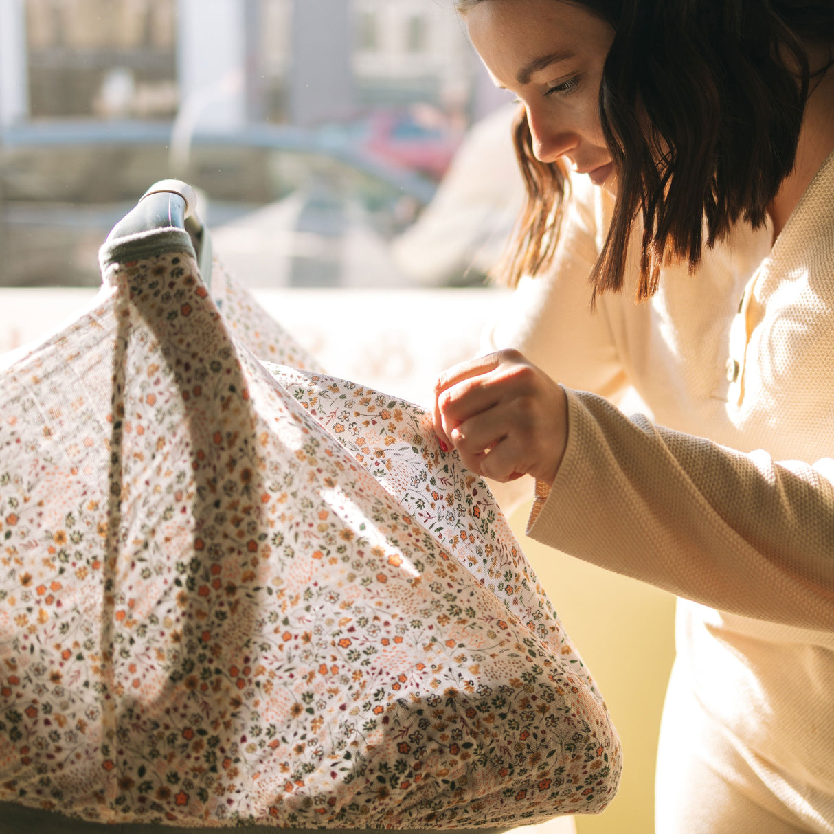 Cotton Muslin Car Seat Canopy - Pressed Petals - HoneyBug
